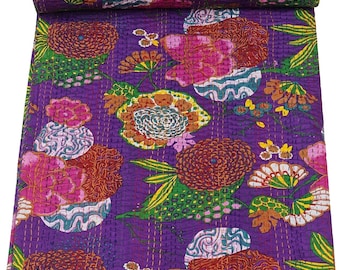 Couette kantha violet en coton indien, literie, couvre-lit de canapé, décoration d'intérieur, impression de fruits fait main, couleur