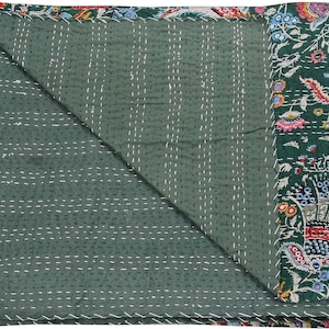 Indische grüne Kantha-Steppdecke aus Baumwolle, Bettüberwurf, Sofaüberwurf, Tagesdecke, Heimdekoration, handgefertigter Mukut-Druck Bild 3