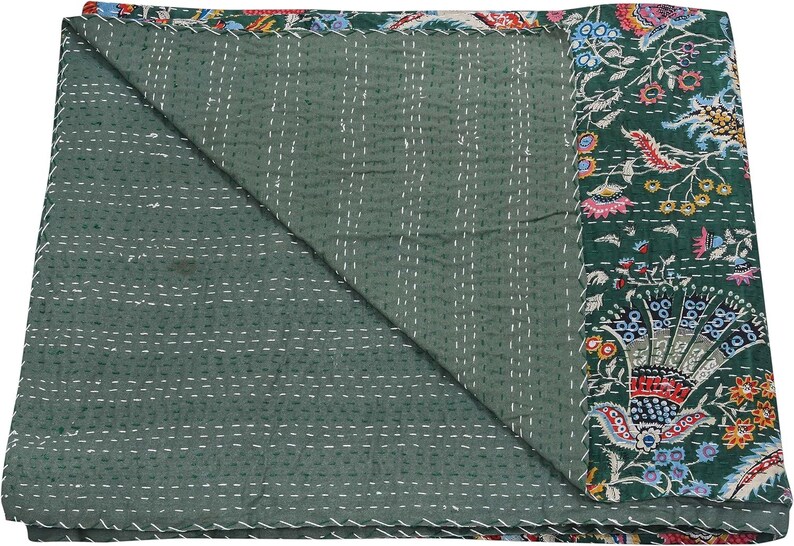Indische grüne Kantha-Steppdecke aus Baumwolle, Bettüberwurf, Sofaüberwurf, Tagesdecke, Heimdekoration, handgefertigter Mukut-Druck Bild 3