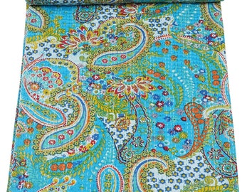 Couette indienne en coton kantha cachemire turquoise, jeté fait main, couverture réversible, couverture de literie bohème chic