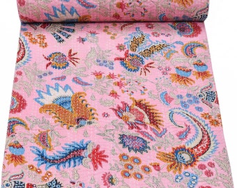 Handgemaakte P;inkt Mukut Print Kantha Quilt Kantha Gooi Deken Sprei Twin/King Katoenen Quilt