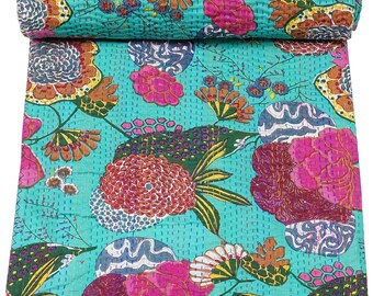 Couette kantha turquoise en coton imprimé fruits indiens Literie jeté de canapé couvre-lit simple/double/king size Couverture faite main