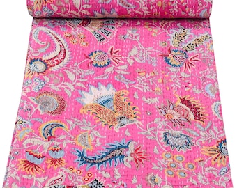 Couvre-lit Kantha rose indien Mukut fait main Couvre-lit réversible, literie en pur coton, parure de lit, couettes cousues à la main