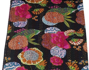 Indische Baumwolle mit Fruchtdruck, schwarze Kantha-Decke, Bettüberwurf, Sofaüberwurf, Tagesdecke, Heimdekoration, handgefertigte Farbe