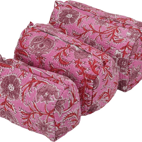 Pink Makeup Pouch Flower print toiletry bag, kantha pouch, make up or cosmetic bag, utility pouch