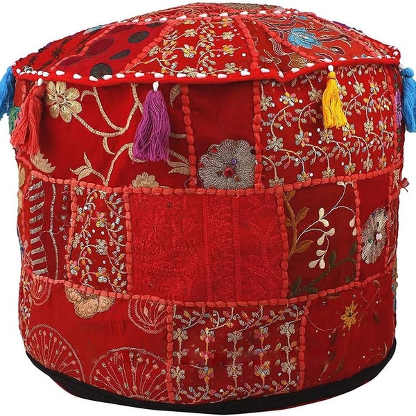 Indian Home Decor Red Ottoman Handmade Pouf, Comfortable Floor Cushion Embellished with Patchwork Embroidery Work Ethnic Footstool