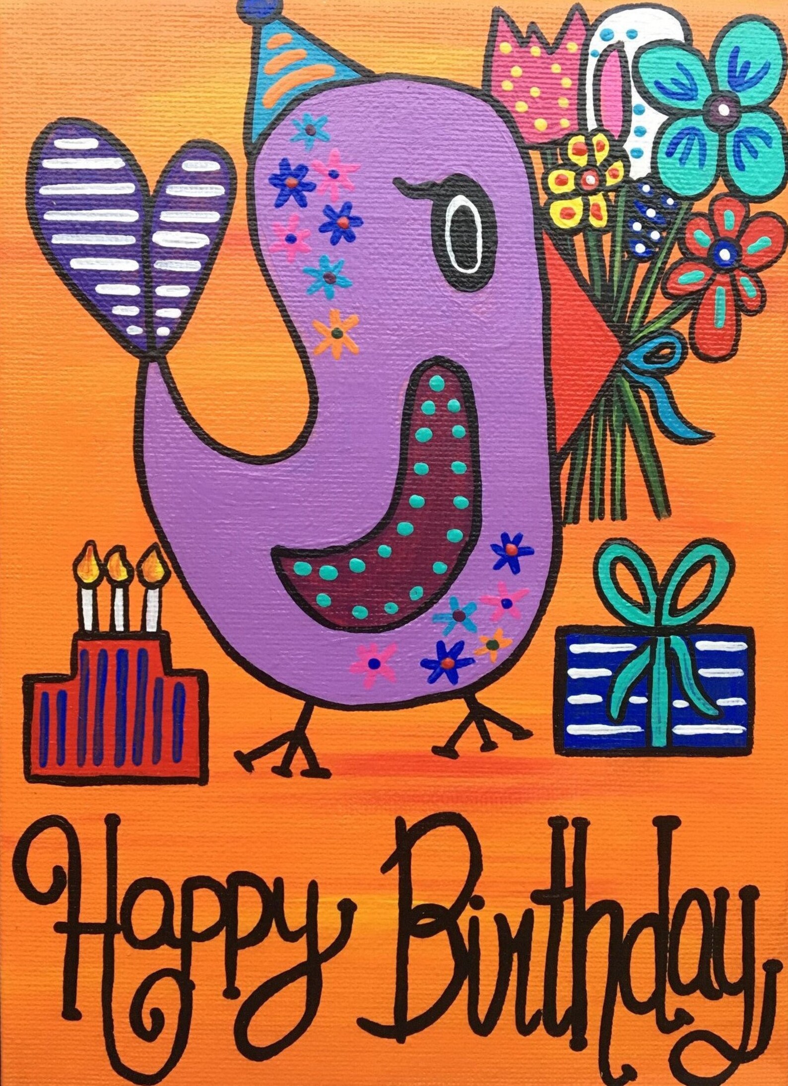 Folk Art Birthday Card Handpainted Crazy Bird with flowers Etsy