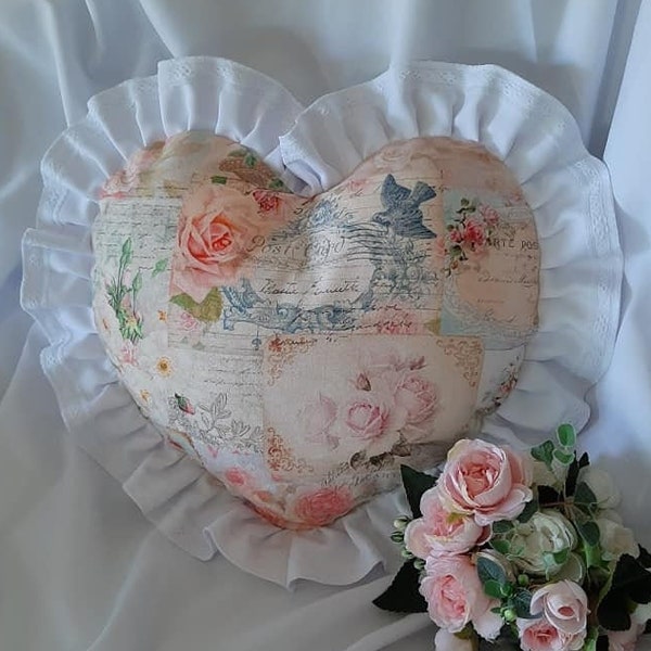 Coussin coeur déhoussable shabby romantique