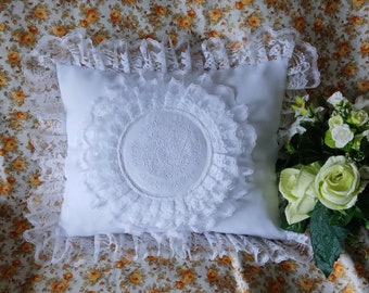 White cushion embroidered large medallion old flowers