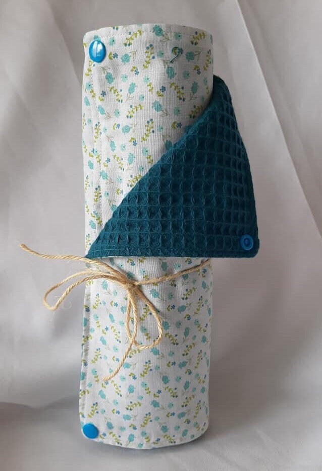 Rouleau Essuie-Tout Lavable et Réutilisable Nid d' Abeille Bleu Paon Coton Fleuri