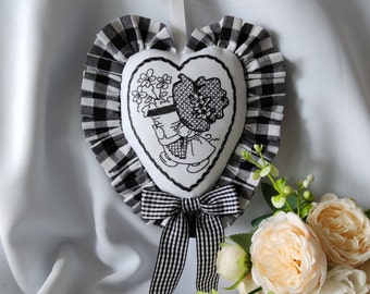 Large hanging heart embroidered black gingham sunbonnet