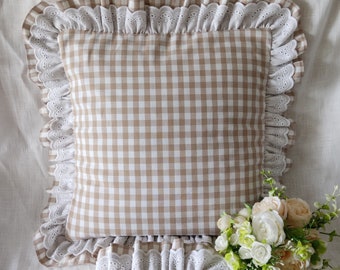 Housse de coussin vichy beige blanc