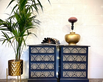 Stag Bedside Cabinets in Midnight Blue/Navy and Gold with Art Deco Style Design