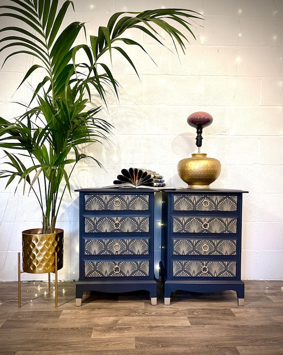 Stag Bedside Cabinets in Midnight Blue navy and Gold With Art Deco Style Design Etsy