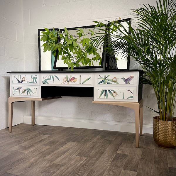 Stag Dressing Table with Triple Mirror White/Black/Gold Botanical Theme Bamboo Birds
