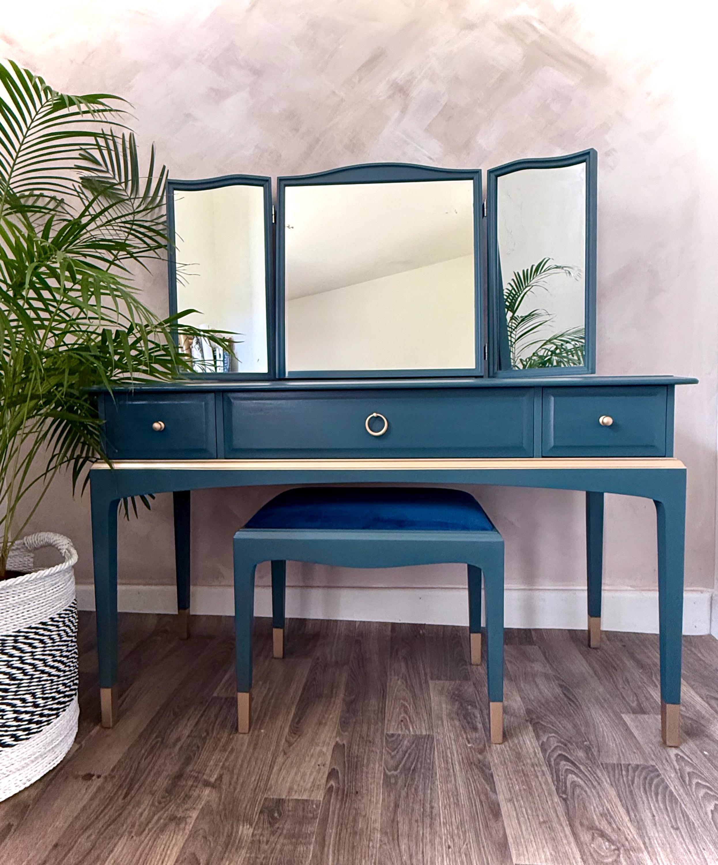 Girls Desk Vanity Tri Fold Stool Stag Dressing Table With Triple Mirror In  Homestead Blue Gold