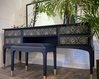 navy blue dressing table stool Stag Dressing Table in Midnight Blue With Triple Mirror and Stool , Navy and Gold With Art Deco Pattern