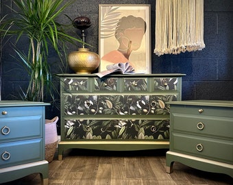 Stag Bedroom Set Chest of Drawers & Bedsides Green Botanical Print