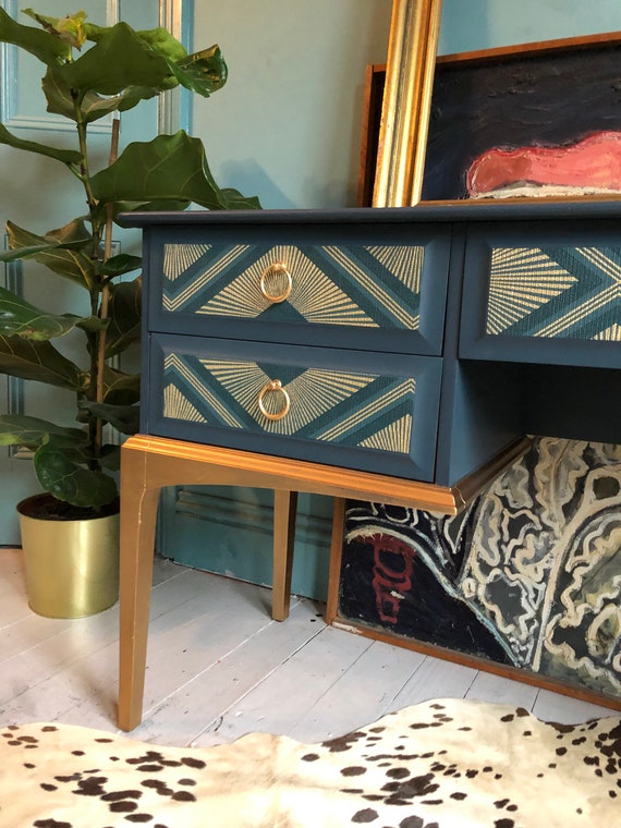 Stag Desk Dressing Table in Homestead Blue and Metallic Gold With Art Deco  Geometric Pattern - Etsy