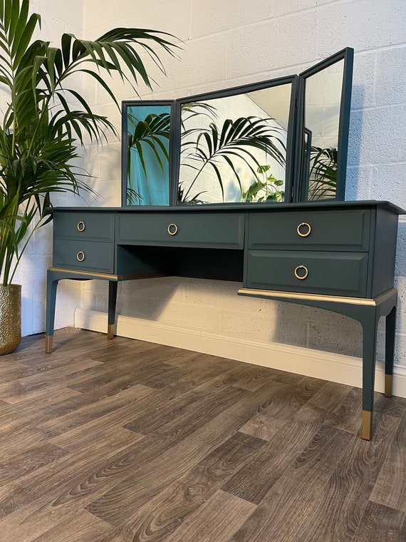 Stag Dressing Table With Triple Mirror in Homestead Blue / Gold and Art Deco Pattern - Etsy Stag Dressing Table With Triple Mirror in Homestead Blue / Gold and Art Deco Pattern - Etsy