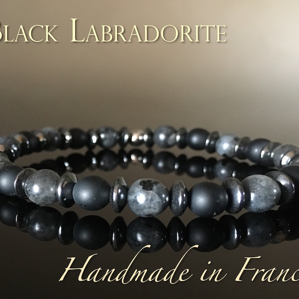 ONYX MAT Bracelet homme pierre naturelle en labradorite noire onyx mat et hématite, bracelet noir extensible pour homme