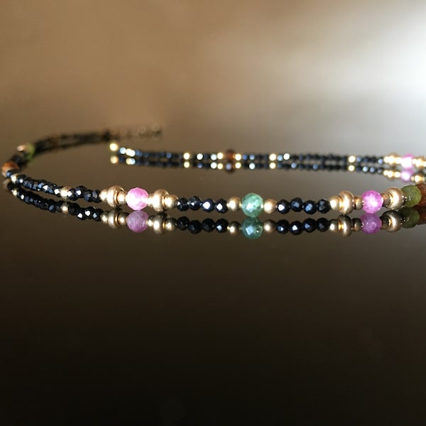 Tourmaline spinelle noire, collier ras du cou de perles en tourmaline multicolore et spinelle noire argent