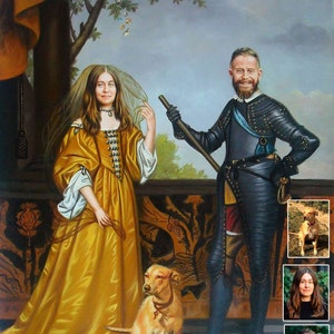 May include: A painting depicting a couple in historical costume, with a dog standing between them. The man is wearing a black and silver suit of armour, and the woman is wearing a yellow dress with a white veil. The dog is a light brown colour and has a red collar.
