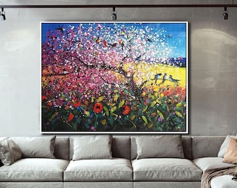 May include: A colorful painting of a blooming tree with pink and white flowers, green leaves, and blue birds perched on branches. The background is a vibrant blue sky with white clouds.