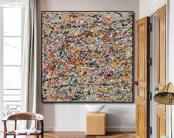 Puede incluir: Pintura abstracta con fondo blanco y líneas coloridas y salpicaduras de pintura en tonos de amarillo, naranja, rojo, azul, negro y verde.