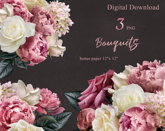 Download Flowers Clipart Pink Peony And White Roses Clipart Floral Etsy