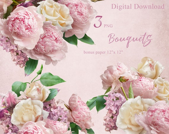 Download Pink Peony And White Rose Clipart Pink Flowers Clipart Etsy