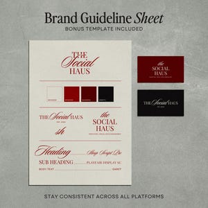 Może przedstawiać: Arkusz wytycznych marki z logo "The Social Haus", pr&oacute;bkami kolor&oacute;w i informacjami o czcionkach. Wyświetlany jest tekst "Brand Guideline Sheet" i "Bonus Template Included". Dołączone są r&oacute;wnież dwa makiety wizyt&oacute;wek.