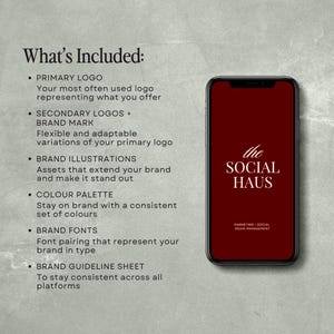 Może przedstawiać: Smartfon z bordowym ekranem wyświetlającym "the SOCIAL HAUS" białym tekstem, z "MARKETING SOCIAL MEDIA MANAGEMENT" poniżej. Obraz zawiera r&oacute;wnież elementy brandingowe, takie jak logo, ilustracje i palety kolor&oacute;w.