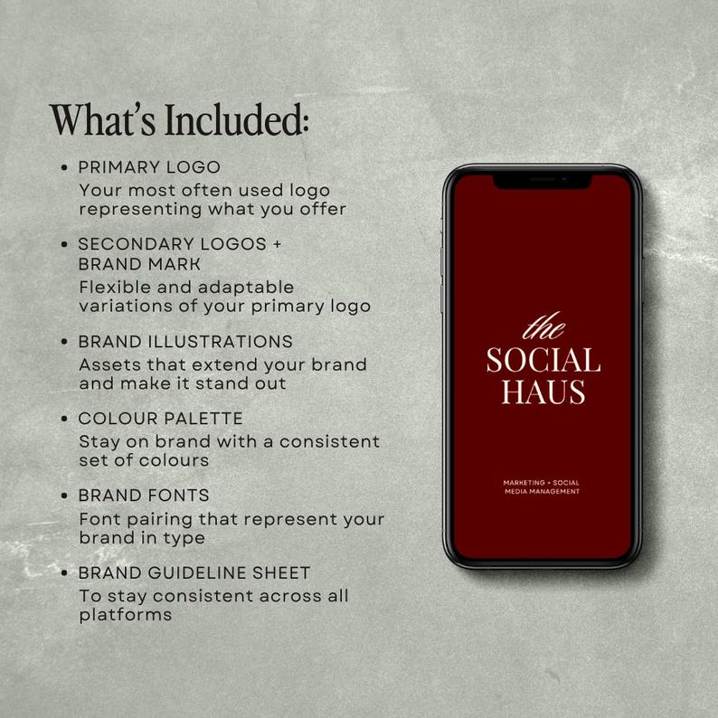 Może przedstawiać: Smartfon z bordowym ekranem wyświetlającym "the SOCIAL HAUS" białym tekstem, z "MARKETING SOCIAL MEDIA MANAGEMENT" poniżej. Obraz zawiera r&oacute;wnież elementy brandingowe, takie jak logo, ilustracje i palety kolor&oacute;w.
