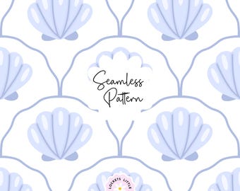 Patrón sin costuras de concha azul PNG, diseño de tela de vieira costera, papel digital de rayas náuticas, uso comercial preppy azul y blanco oceánico