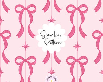 May include: A seamless pattern featuring repeating pink bows and four-pointed stars on a light pink background. A white scalloped label in the center displays the text Seamless Pattern, and a smaller circular logo below reads Lockets Little Notes.