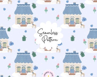 May include: A seamless pattern featuring illustrations of stone cottages with blue roofs, reindeer, gift boxes, and ornaments on a light blue background with white dots. The text Seamless Pattern and Lockets Little Notes are visible.