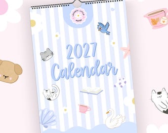 Calendario de pared Kawaii de temporada 2027, tamaño A4, planificador mensual con lindos gatos y perros en tonos pastel.