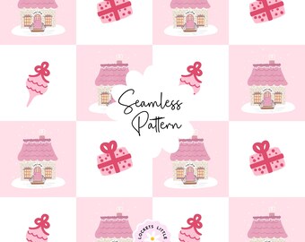 May include: A seamless pattern featuring a repeating grid of pink and white squares. The design includes illustrations of pink-roofed cottages, pink gift boxes with bows, and pink ornaments. The text Seamless Pattern and Lockets Little Notes appear.