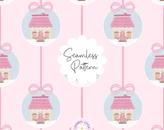 May include: A seamless pattern featuring light pink background with repeating circular ornaments containing illustrations of a cottage with a pink roof and door. The text Seamless Pattern is centered, and a logo reads Lockets Little Notes.