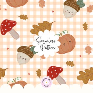 Motivo senza soluzione di continuità con zucche autunnali Kawaii PNG, design di tessuto autunnale a quadretti, carta digitale con funghi e ghiande, estetica accogliente per uso commerciale