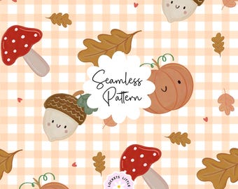 Patrón sin costuras de calabaza otoñal Kawaii PNG, diseño de tela de cuadros otoñales, papel digital de setas y bellotas, estética acogedora para uso comercial.