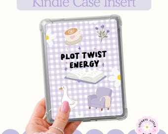 Inserto para funda Kindle PNG, diseño literario con giro argumental en morado pastel para imprimir (descarga digital)