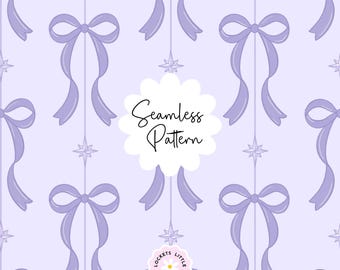 May include: A seamless pattern featuring light purple bows and four-pointed stars on a pale lavender background. The text "Seamless Pattern" is centered in a white scalloped circle, and a small logo reads "Lockets Little Notes" at the bottom.