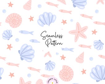 Patrón sin costuras de conchas marinas rosa melocotón PNG, diseño de tela costera azul veraniega, papel digital de estrellas de mar y conchas, uso comercial en la playa del océano.