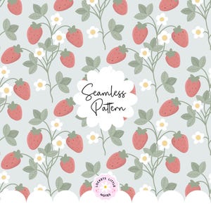 May include: A seamless pattern featuring red strawberries, white flowers, and green leaves on a light blue background. The design includes the text "Seamless Pattern" in a white cloud-shaped frame, with the text "Locket's Little Notes" at the bottom.
