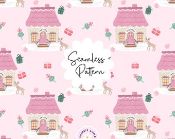 May include: A seamless pattern on a light pink background featuring repeating illustrations of cottages with pink roofs, reindeer, gift boxes, and ornaments. The text Seamless Pattern is centered, and the logo Lockets Little Notes is at the bottom.