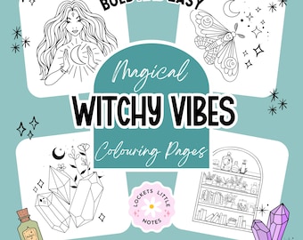 May include: A set of printable coloring pages with a witchy theme. The pages feature illustrations of a woman with a crescent moon, a moth with stars, crystals, a potion bottle, and a shelf with books and plants. The text "Magical Witchy Vibes Coloring Pages" is at the top of the image.