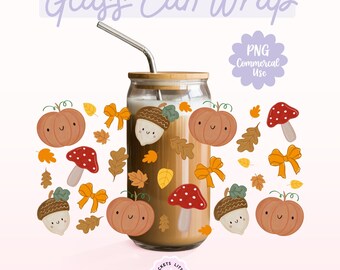 Diseño PNG de calabaza otoñal acogedora para latas de vidrio. Lindo diseño Kawaii de setas, hongos y bellotas. Plantilla Libbey de 16 oz. 2 tamaños. Descarga digital de otoño.