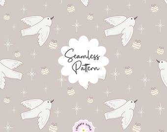 May include: A seamless pattern featuring white birds in flight, small round ornaments, and four-pointed stars on a light taupe background. The text Seamless Pattern is centered in a white scalloped circle, with Lockets Little Notes below.